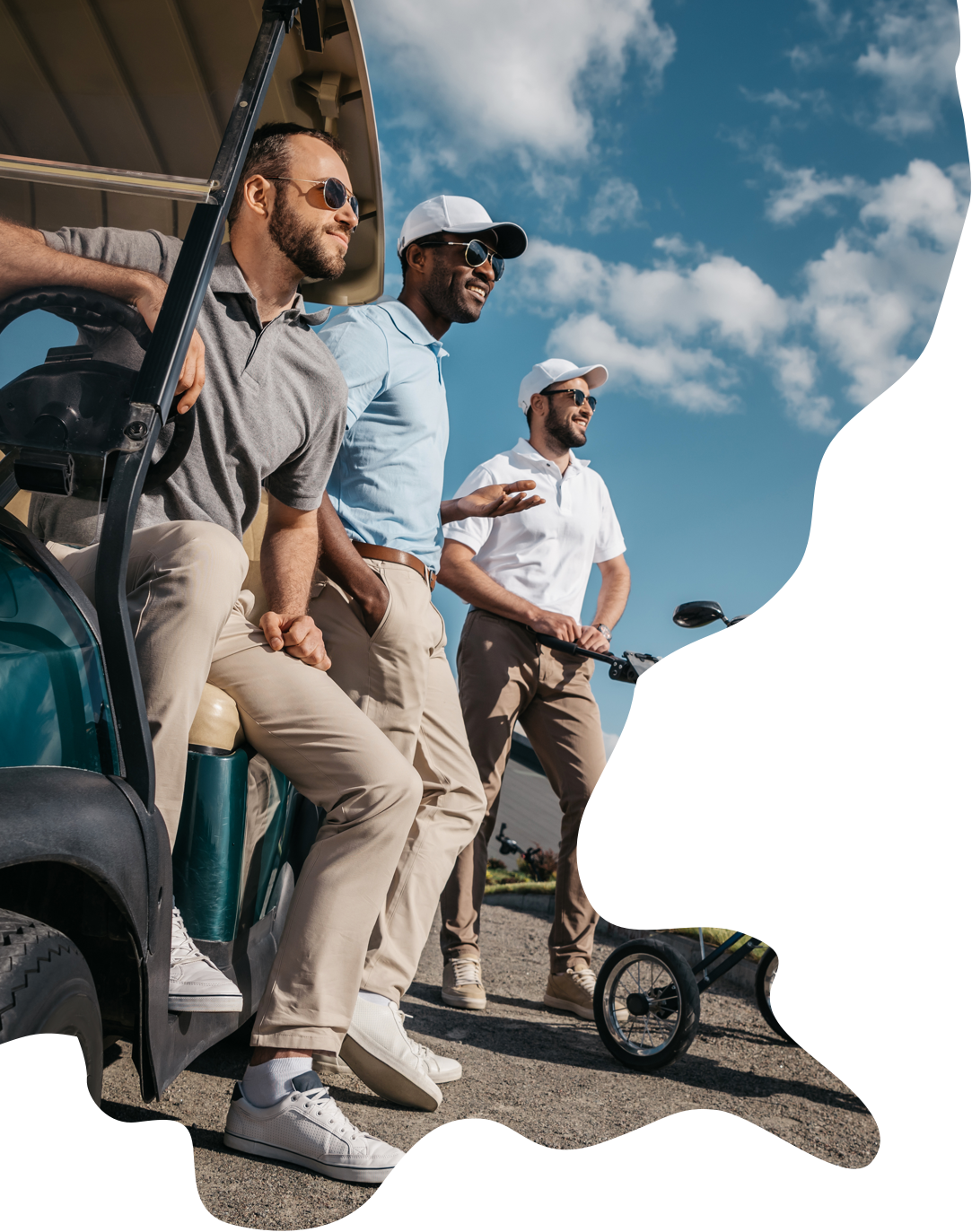 Hero image showing 3 men sitting/standing near a golf cart